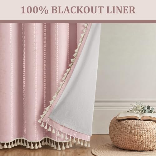 Pink 100% Boho Blackout Curtains 2 Panels with Tassels 52W X 82L (Pink / 52"W x 82"L (Pack of 2))