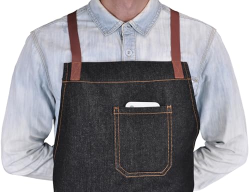 Mens Womens Cooking Apron with Cross Back Straps (Black Denim With Cross Back Straps)