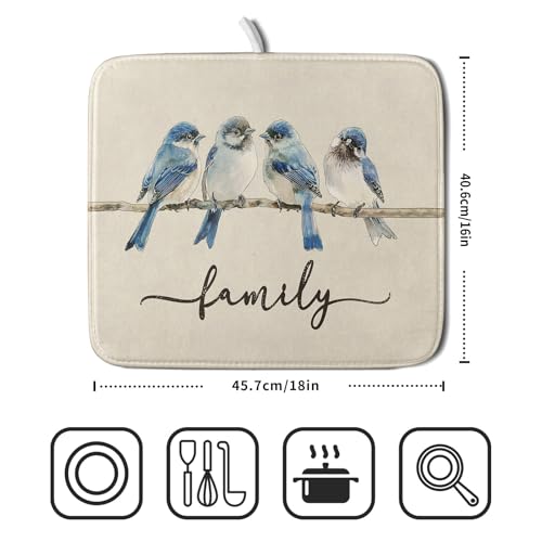 Home Blue Bird Family Dish Drying Mat for Kitchen Counter (16" x 18")
