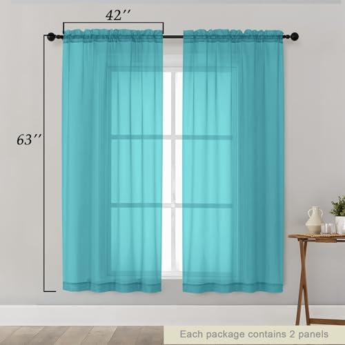Sheer Turquoise Curtains for Bedroom Living Room 63 Inch Length 2 Panels (Turquoise / 42"W x 63"L (Pack of 2))