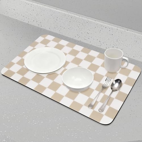 Checkered Dish Drying Mat for Kitchen Counter (Beige / 24" x 16")