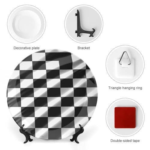 Black White Race Checkered Flag Decorative Plates Bone China Plates with Stand for Display 8inch Round Ceramic Dinner Plates Dessert Plate for Kitchen Party Coffee Table Decor Art (8inch / White)