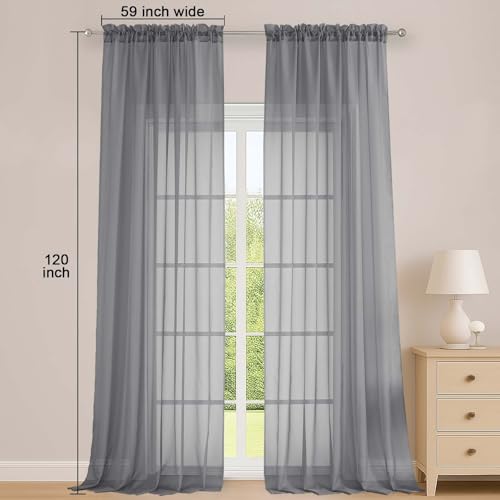 Grey Sheer Curtains 120 Inches Long 2 Panels Set (Grey / 59"W x 120"L (Pack of 2))