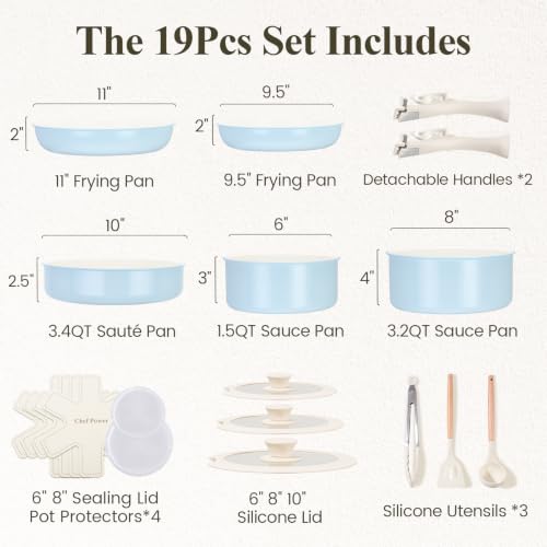 Ceramic Nonstick Pots and Pans Set 19 Piece with Detachable Handle (Light Blue)