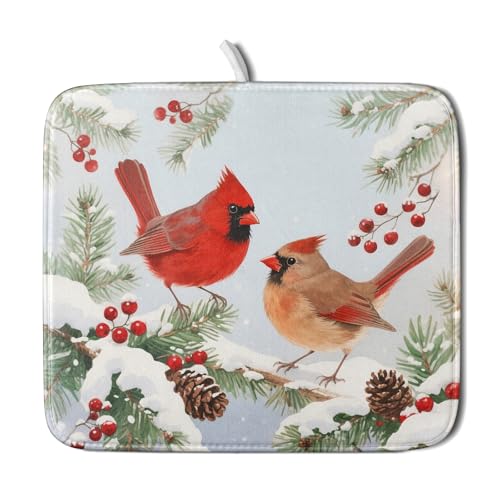 Winter Cardinal Bird Dish Drying Mat for Kitchen Counter 16x18 Christmas Snow Scene Theme Seasonal Absorbent Reversible Microfiber Drying Mats Kitchen Countertop Protector Dishes Drainer Pad (16" x 18")