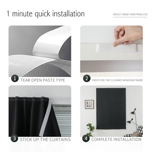 Blackout Curtains with Self Adhesive Tape No Rod No Drill Easy Install Window Cover for Bedroom Kitchen Dorm 34" W X 79" L Black 1 Panel (34"W x 79"L (Pack of 1) / Black)