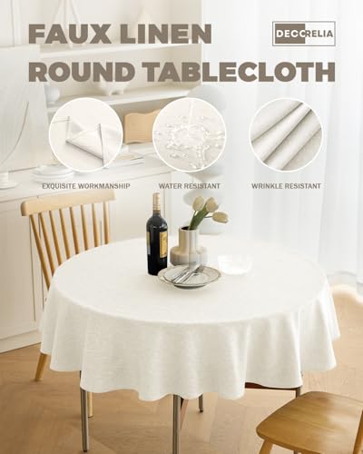 Waterproof Faux Linen Tablecloth for Round Dining Table (Ivory / 60" (Round))