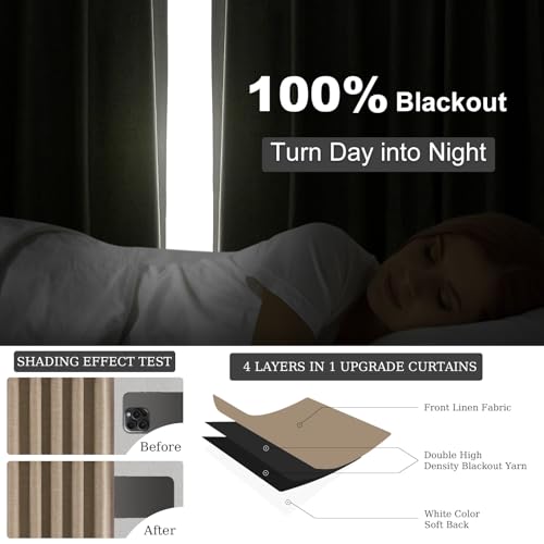 102 Inches Long Custom Blackout Linen Curtains (Dark Flax / 52"W x 102"L (Pack of 2))
