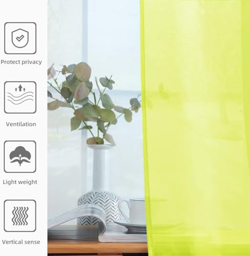 Solid Sheer Rod Pocket Curtain Voile Draperies 2 Panels White Beige Black Grey Ivory 52 Inch Width 90 Inch Long 1 Pair for Kitchen Bedroom Children Living Room Yard (Chartreuse / 52"W x 90"L (Pack of 2))