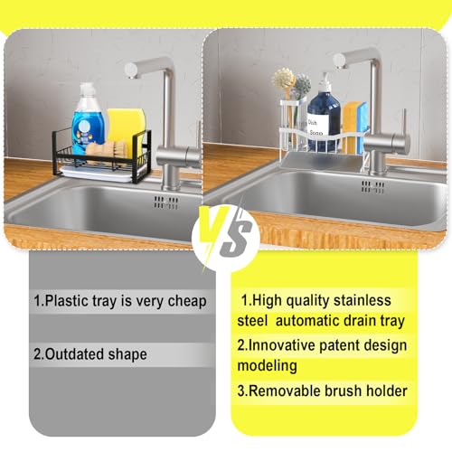 Maifan Sink Caddy Sponge Holder for Kitchen with Brush Holder and Stainless Steel Self Drain Tray (Lacquer Silver)