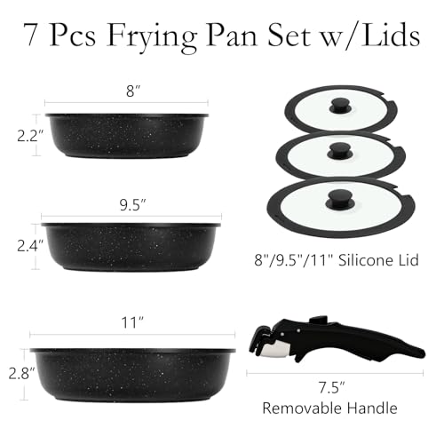 Nonstick Ceramic Frying Pans Skillets Set with Lids & Detachable Handle (Black / 7 Pcs Set: 8"+9.5"+11"+Lids)