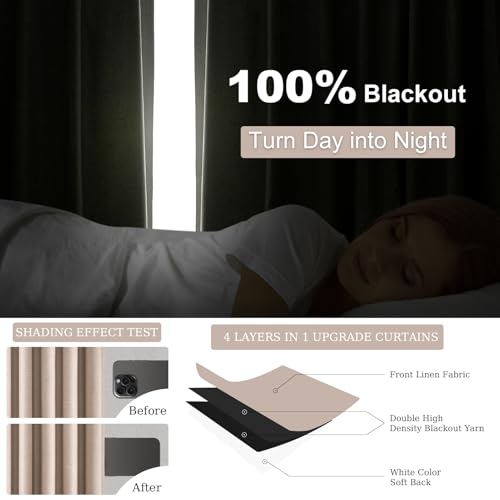 92 inch Long Blackout Curtains 2 Panels Set Neutral Beige Window Drapes 100% Blackout Linen Curtain with Back Tab Rod Pocket Sunlight Blocking Thermal Insulated Panel for Bedroom Living Room (Natural Beige / 52"W x 92"L (Pack of 2))