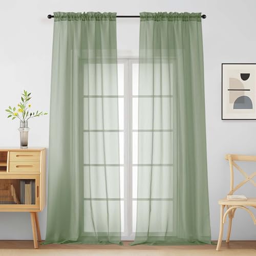 Sage Green Sheer Curtains for Window 96 Inches Long 2 Panels (42"W x 96"L (Pack of 2) / Sage Green)