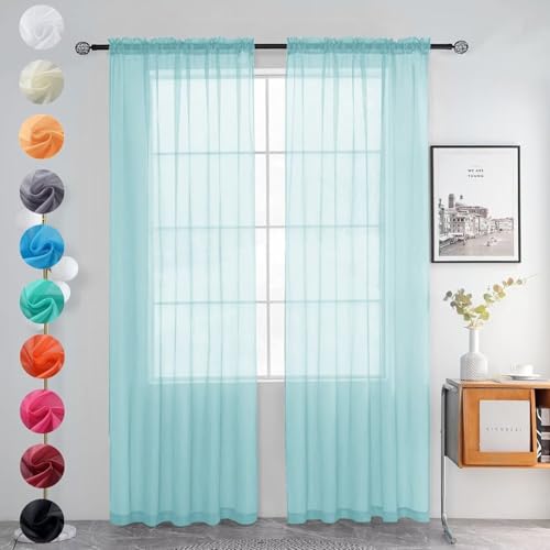Solid Sheer Rod Pocket Curtain Voile Draperies 2 Panels White Beige Black Grey Ivory 52 Inch Width 90 Inch Long 1 Pair for Kitchen Bedroom Children Living Room Yard (Sky Blue / 52"W x 90"L (Pack of 2))