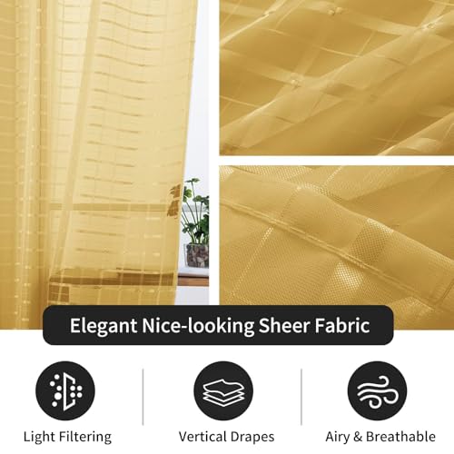 Check Sheer Curtains 90 Inches Long for Living Room (Check - Sand / 52"W x 90"L (Pack of 2))