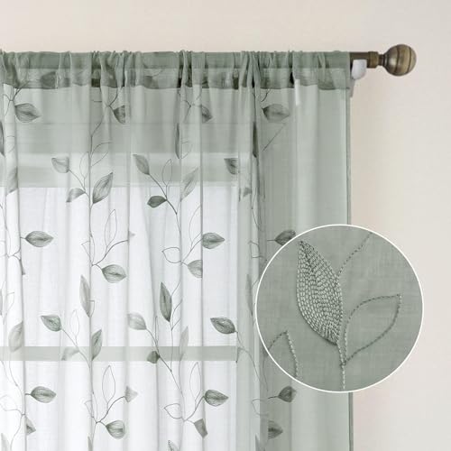 Sage Green Kitchen Curtains Leaf Embroidered (52"W x 45"L (Pack of 2) / 1-sage Green)