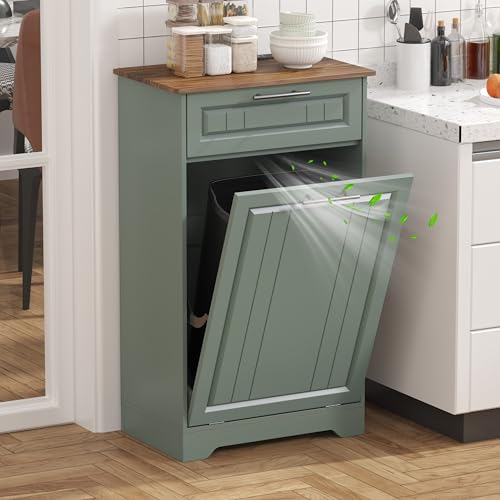 Single 10 Gallon Tilt Out Trash Can Cabinet with Deodorizing Function (Green / 13.11"D x 20.91"W x 35.2"H(Single))