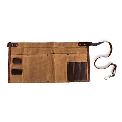 Waterproof Waxed Canvas Tool Apron With the Adjustable Genuine Leather Belt (Khaki)