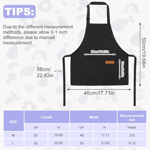 2 Pack Stripes Kid's Apron with 2 Pockets (45x50cm / Black Wide Stripes, Solid Black)