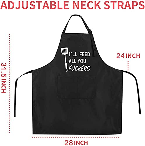 Funny Black Chef Aprons for Men BBQ Grill Kitchen Cooking Aprons (I'll Feed All You)