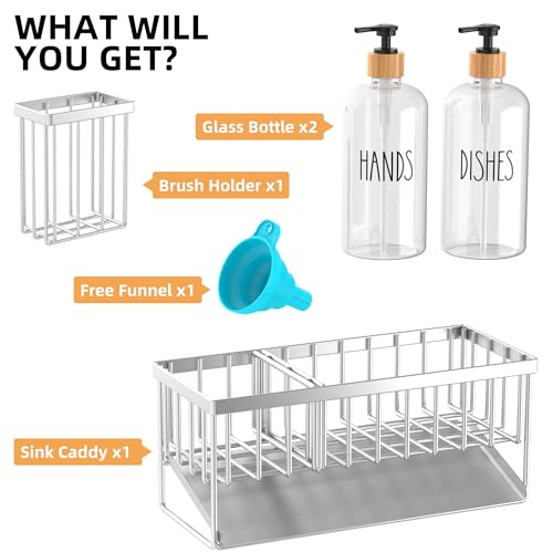 Kitchen Dish Soap Dispenser Set with 2 Pack 16.9oz Amber Glass Bottle and Sponge Holder (Nickel Brushed Sink Caddy + Clear Bottle)