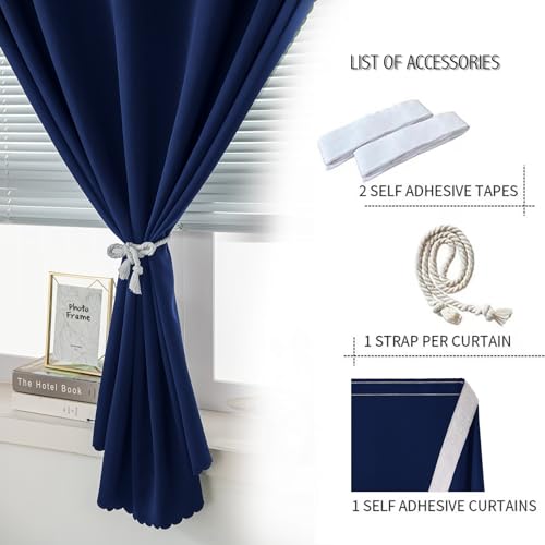 Self Adhesive Portable Blackout Curtains for Bedroom Easy to Install Window Thermal Lnsulated Kitchen Room Darkening Small Window Curtains (35"W x 59"L (Pack of 1) / Navy Blue)