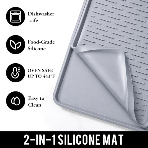 2 In 1 Silicone Coffee Bar Mat Accessories for Keurig Coffee Maker with Detachable Dish Drying Rug Kitchen Counter Under Sink Drainer Necessities Rome Decor 16"x20" Light Gray (Light Gray / 20" x 16")