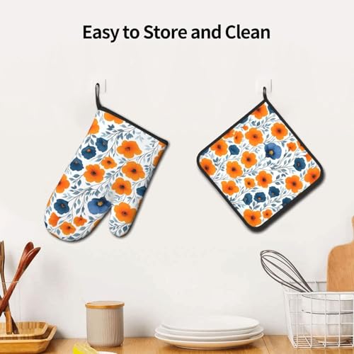 Spring Orange Blue Floral Oven Mitts and Pot Holders Sets of 3 (Orange and Blue Floral)
