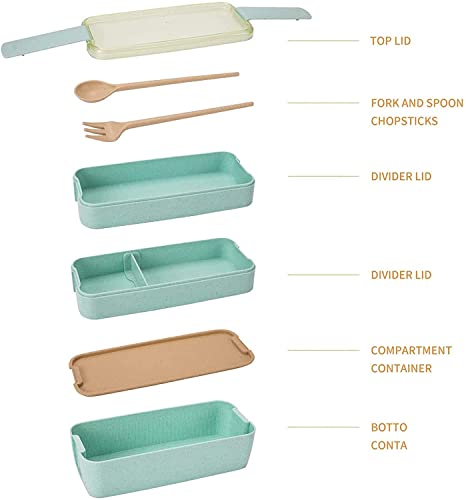 2 Pack Stackable Bento Box Japanese Lunch Box Kit with Spoon & Fork (Green/Beige / 2 pack)