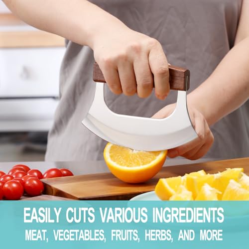 Ulu Knife with Stand for Cutter Pizza Meat Vegetables Herb Salad (Brown)