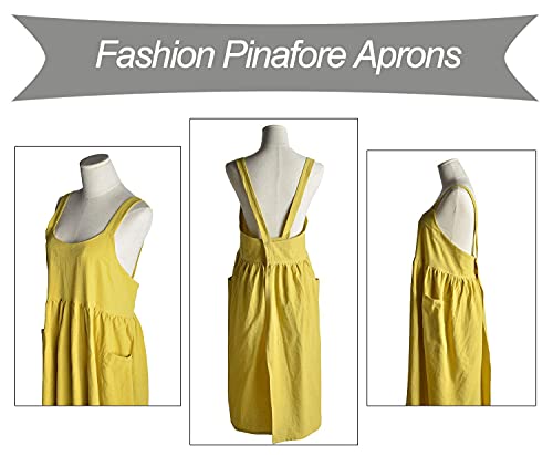 Women Girls Vintage Cute Apron Gardening Works Cross Back Cotton (Yellow / 32.3" x 41.3")
