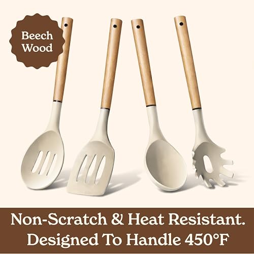 Non Stick Silicone Utensil Set with Rounded Wood Handles for Cooking and Baking (8 Piece Set / Khaki)