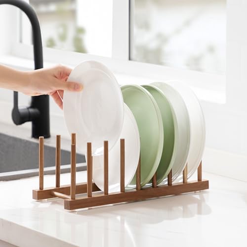 2pcs Acacia Wooden Dish Dying Rack Pot Lid Plate Organizer Holder for Cabinet (Acacia 8 Slots 2pcs)