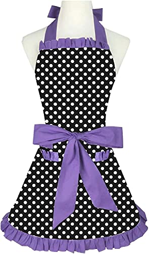Vintage Apron for Women Purple Apron with Pockets Retro Apron Cute Apron Kitchen Apron for Cooking Baking Flirty Dress Cotton Frilly Ruffle 50s Ladies Valentine Retro Gifts for Women (Purple)