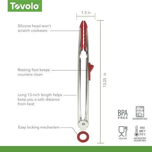 Tongs With Silicone Tips Easy Grip 13” Long Kitchen Tongs Stainless Steel Handle For Cooking (Cayenne)