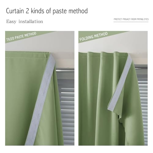 Magic Tape Blackout Curtains for Bedroom No Drillng Self Adhesive Curtains No Rod Small Window (59"W x 71"L (Pack of 2) / Sage Green)