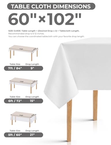 White Reusable Table Cloths for 6 Ft Rectangle Table (White / 102" x 60"-2 Pack)