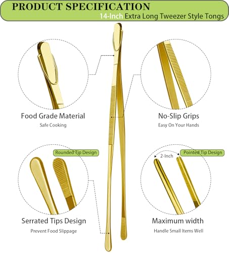 2 Pcs 14 Inch Cooking Tweezers Extra Long Stainless Steel Food Tweezers Kitchen Tweezer Tongs (14+14 Inch / Gold)