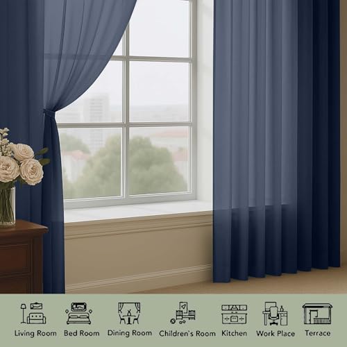 Navy Blue Sheer Curtains 108 Inch 2 Panels for Living Room 59" Wide (Navy Blue / 59"W x 108"L (Pack of 2))