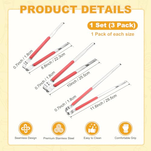 3 Pack Grill Tongs (Red / 8.8/10/11.6 Inch)