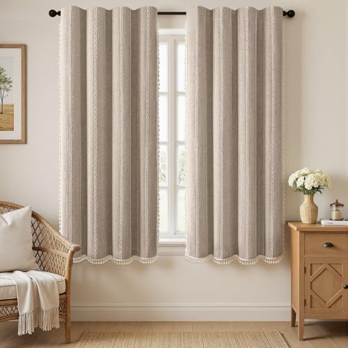 Khaki Brown Boho Blackout Curtains 63 Inch 2 Panels with Tassels (Khaki Brown / 52"W x 63"L (Pack of 2))