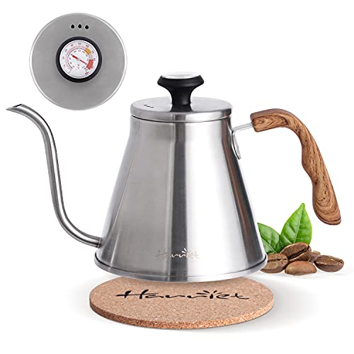 Gooseneck Kettle with Thermometer for Pour Over Coffee and Tea (Silver)