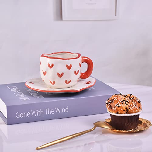 10oz Irregular Ceramic Mug With Saucer (Red Heart)