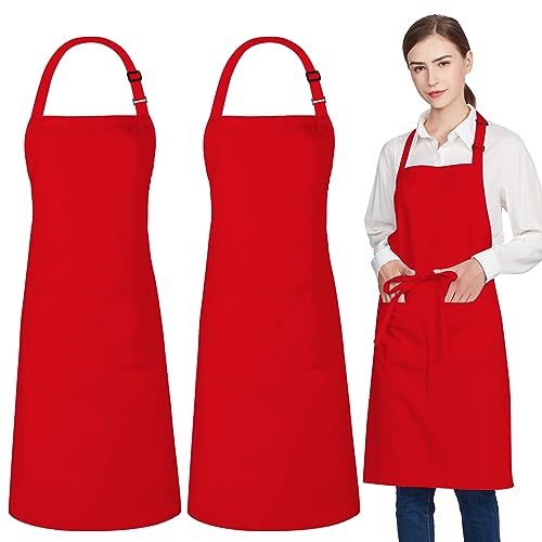 2 Pack 100% Cotton Aprons with 2 Pockets Cooking Chef Kitchen Adjustable Bib Apron for Women Men (Red)