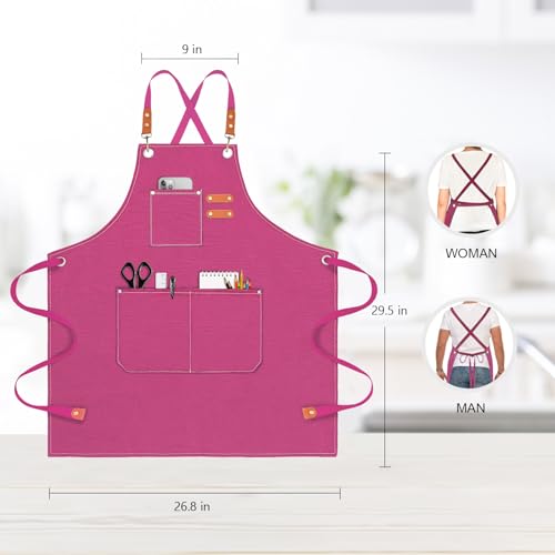 Chef Apron for Men Women Canvas Aprons with 3 Pockets Cross Back Resistant Work Apron for Cooking Grilling Baking BBQ Barber Kitchen (Hot Pink)