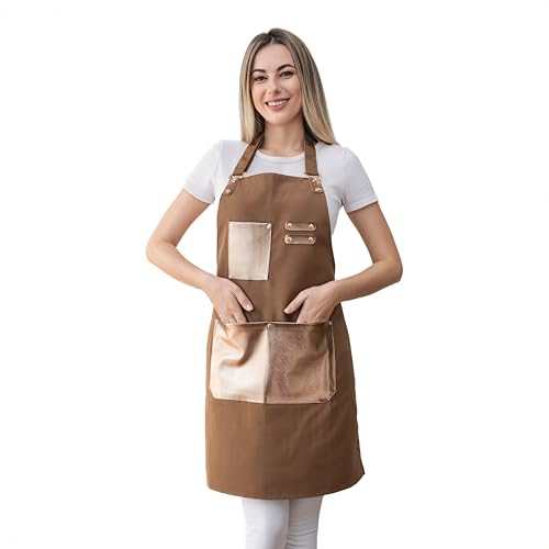 Barista Tools Apron for Women Hairstylists Servers Waterproof Canvas Kitchen Apron with 3 Pockets for Cooking Gardening (Brown)