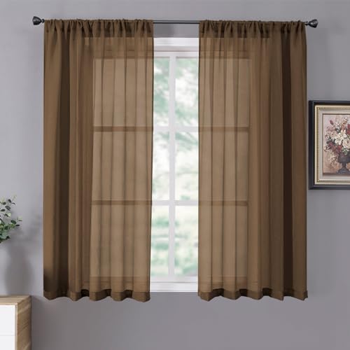 Short Sheer Curtains Living Room Linen Textured Curtain Sheers Light Filtering Voile Rod Pocket Curtains for Bedroom (38"W x 45"L (Pack of 2) / Brown)