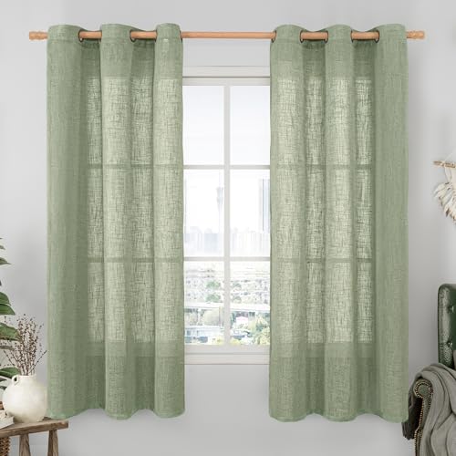 60 Inch Length Semi Sheer Linen Curtains for Kitchen 2 Panels Set (34"W x 60"L (Pack of 2) / Sage Green)