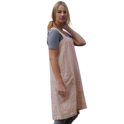 Women's Pinafore Square Apron Baking Cooking Gardening Works Cross Back Cotton (Large / Pink)