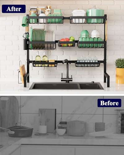 Adjustable Over The Sink Dish Drying Rack (Black / X-Large)